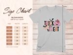 Gildan 64000 softstyle t-shirt size chart with dimensions for sizes S to 3XL, featuring "Trick or Treat" design.