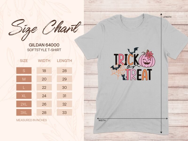 Gildan 64000 softstyle t-shirt size chart with dimensions for sizes S to 3XL, featuring "Trick or Treat" design.