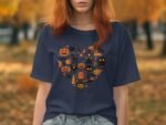 A woman with long red hair wears a navy shirt decorated with colorful Halloween-themed icons among autumn trees.