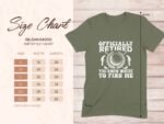 Size chart for Gildan 64000 t-shirt with "Officially Retired" graphic and dimensions for small to 3XL sizes.