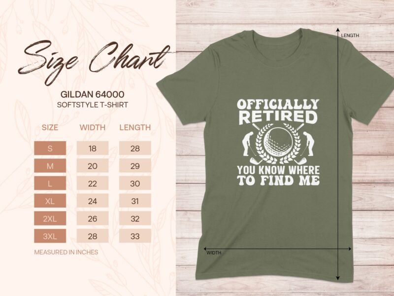 Size chart for Gildan 64000 t-shirt with "Officially Retired" graphic and dimensions for small to 3XL sizes.