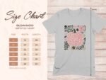 Size chart for Gildan 64000 Softstyle T-shirt with measurements for small to 3XL, featuring a floral pumpkin design.