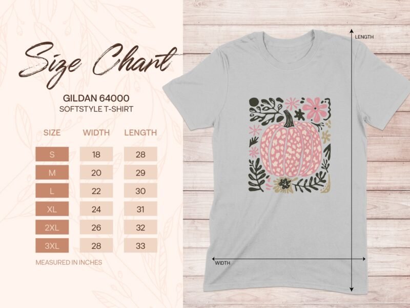 Size chart for Gildan 64000 Softstyle T-shirt with measurements for small to 3XL, featuring a floral pumpkin design.