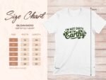 Size chart for Gildan 64000 softstyle t-shirt with "I'm not dirty, I'm earthy" text and measurement details.