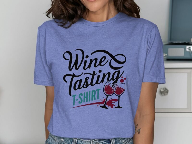 A woman wearing a lavender t-shirt featuring "Wine Tasting T-Shirt" text and wine glasses graphic.