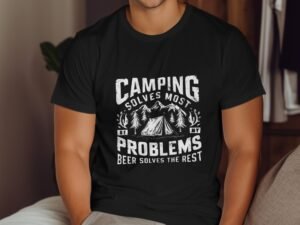 A person wearing a black t-shirt with a humorous camping graphic and text about problems and beer.
