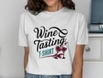 A woman wearing a white t-shirt with "Wine Tasting T-SHIRT" and graphic wine glasses and spilled wine design.