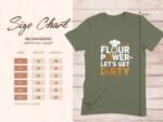 Size chart for Gildan 64000 Softstyle T-shirt in olive green, featuring "Flour Power - Let's Get Dirty" design.