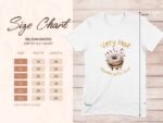 White Gildan t-shirt with a cartoon donut design labeled "Very Hot, Handle with Care" alongside a size chart.