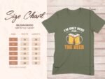 Size chart for Gildan 64000 T-shirt with beer-themed graphic and measurement details for sizes S to 3XL.