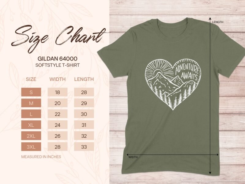 Size chart for Gildan 64000 softstyle t-shirt with dimensions for sizes S, M, L, XL, 2XL, and 3XL, featuring a heart design.