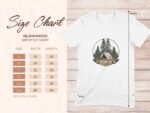 Size chart for Gildan 64000 Softstyle T-shirt, showing dimensions in inches for sizes S to 3XL. Camping-themed design included.