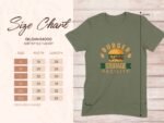 Size chart for Gildan 64000 softstyle t-shirt with burger graphic, showing measurements in inches for S to 3XL sizes.