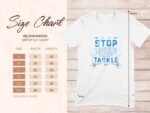 White Gildan 64000 Softstyle T-shirt with blue graphic text "STOP LOOKING AT MY TACKLE" and a size chart alongside.