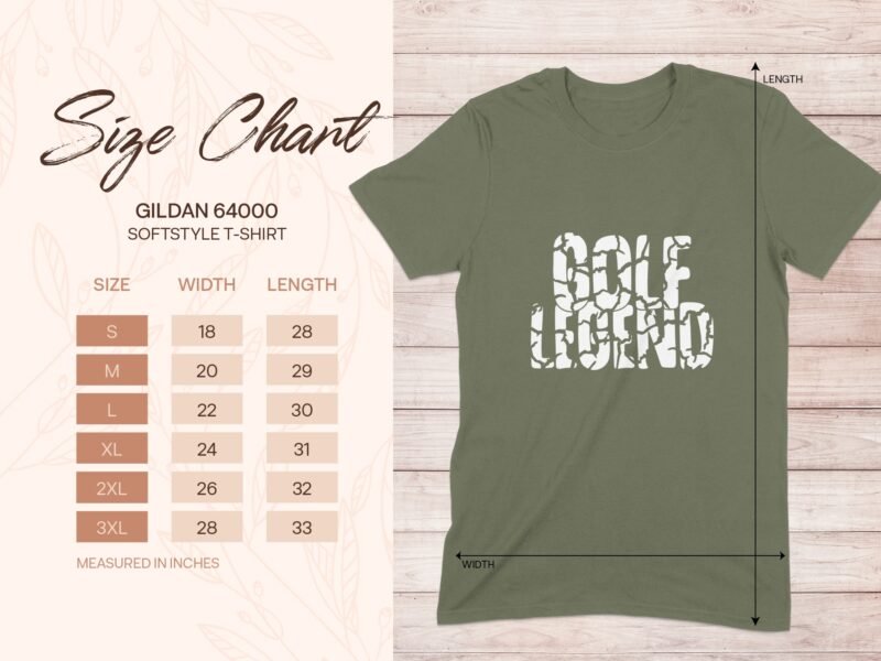 Size chart for Gildan 64000 softstyle t-shirt with dimensions for sizes S to 3XL, featuring a green shirt and text "Golf Legend."