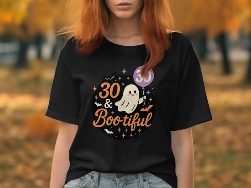 A woman in a black t-shirt reads "30 & Bootiful" with a ghost and bats, surrounded by an autumn background.