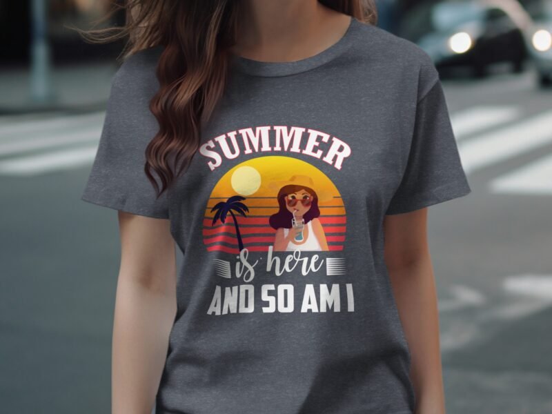 A woman in a gray t-shirt that says "SUMMER is here AND SO AM I," featuring a sunset and palm trees illustration.