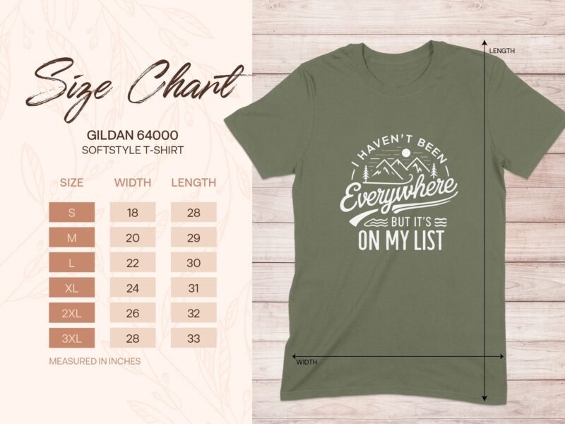 Size chart for Gildan 64000 softstyle t-shirt displaying dimensions for multiple sizes next to a graphic tee design.