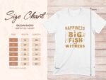 Size chart for Gildan 64000 softstyle t-shirt, with measurements for sizes S to 3XL and a fishing-themed graphic design.