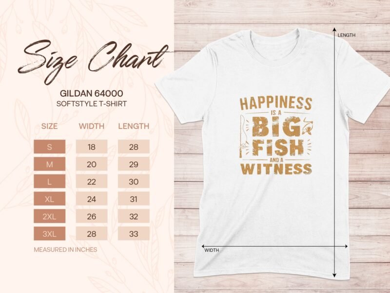 Size chart for Gildan 64000 softstyle t-shirt, with measurements for sizes S to 3XL and a fishing-themed graphic design.