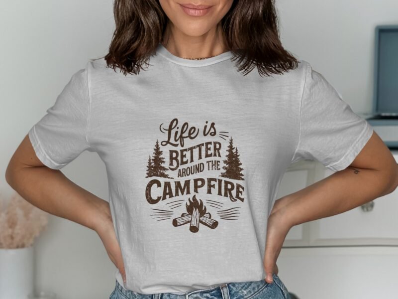 A woman in a light gray t-shirt displays text about life being better around a campfire, with tree and fire illustrations.
