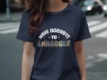 Woman wearing a navy t-shirt with the text "WAVE GOODBYE TO ANALOGUE" in bold, colorful letters, standing on a street.