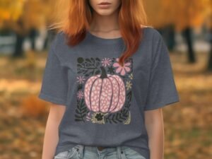 A person with long red hair wears a gray t-shirt featuring a pink pumpkin design, surrounded by floral patterns.