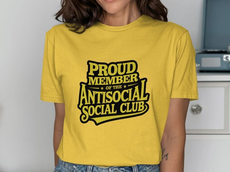A person wearing a yellow t-shirt with the text "PROUD MEMBER OF THE ANTISOCIAL SOCIAL CLUB" printed in black.