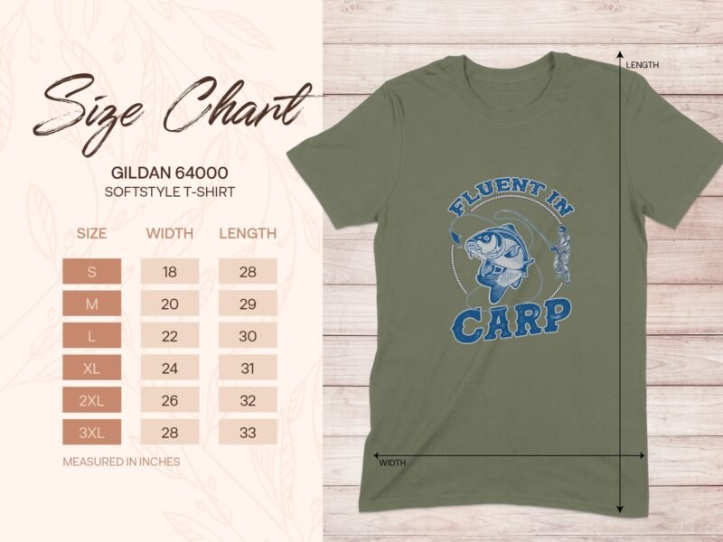 Size chart for Gildan 64000 Softstyle T-shirt with measurements for various sizes and a graphic saying "Fluent in Carp."