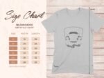 Size chart for a Gildan 64000 softstyle t-shirt, displaying sizes, width, and length measurements.