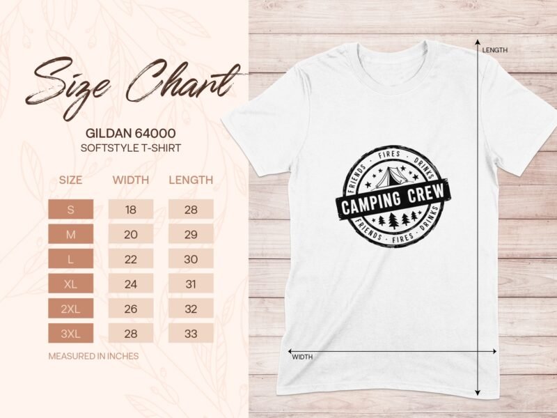 Size chart for Gildan 64000 softstyle t-shirt, showing sizes S to 3XL with width and length measurements in inches.