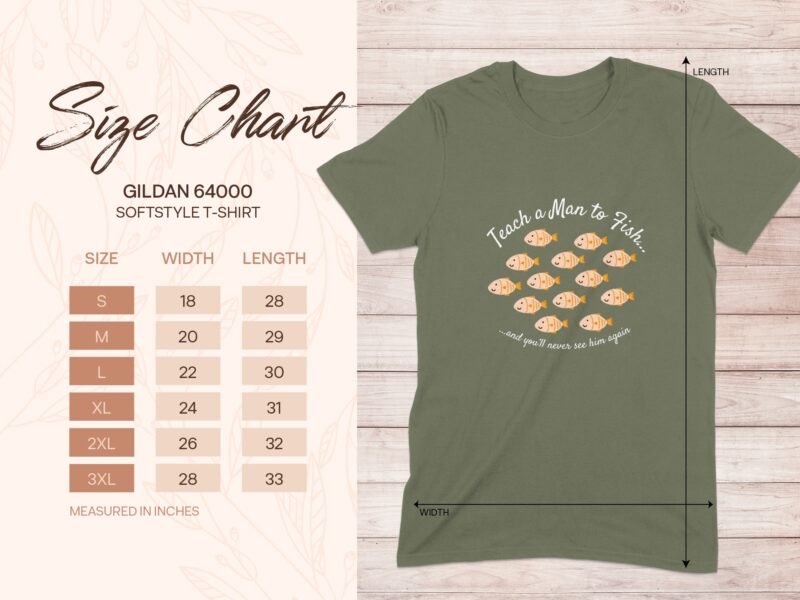 Size chart for Gildan 64000 softstyle t-shirt, featuring fish graphic and measurements for different sizes.