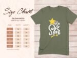 Size chart for Gildan 64000 softstyle t-shirt, including measurements for sizes S to 3XL. Features colorful text design.