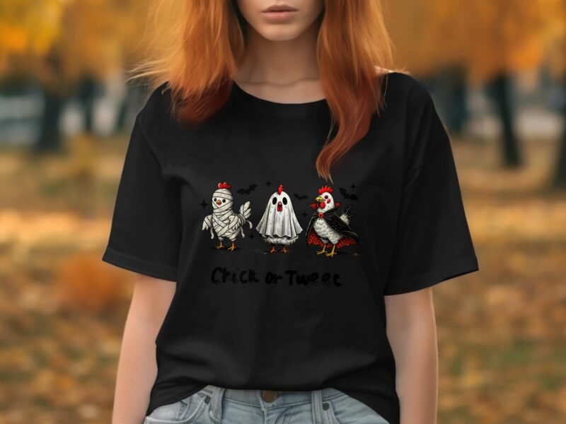 A woman with red hair wears a black t-shirt featuring cartoon chickens and the text "Chick or Tweet." Background in autumn.