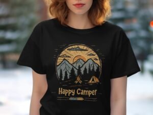 A woman in a black t-shirt with a camping design featuring mountains, trees, and the words "Happy Camper."