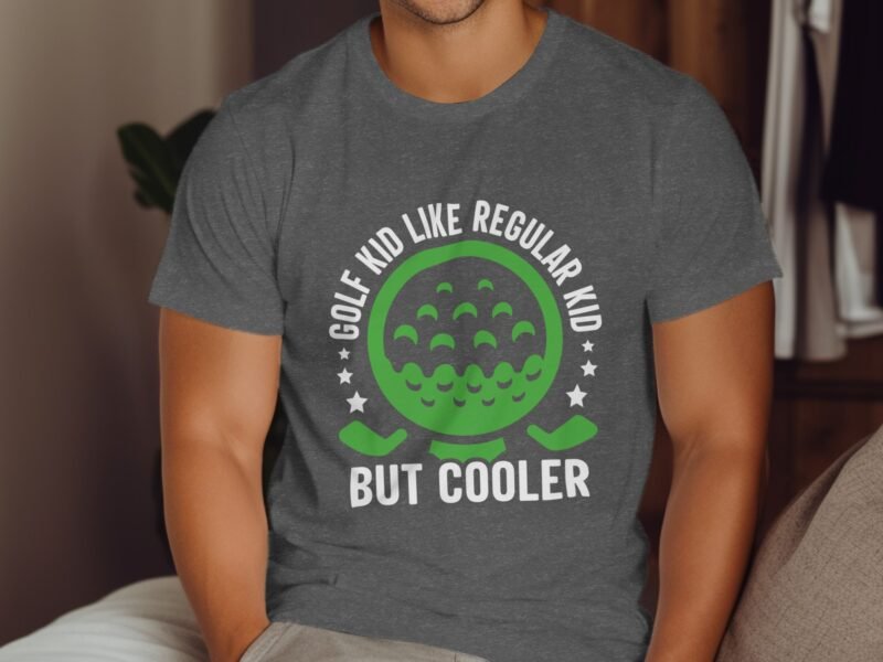 A person in a gray t-shirt features a graphic saying "GOLF KID LIKE REGULAR KID BUT COOLER" with a golf ball design.