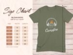 Size chart for Gildan 64000 softstyle t-shirt in olive green with measurements for sizes S to 3XL.