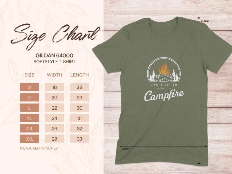 Size chart for Gildan 64000 softstyle t-shirt in olive green with measurements for sizes S to 3XL.