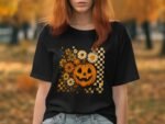 A person in a black t-shirt featuring a smiling pumpkin and floral design, standing in an autumn park.