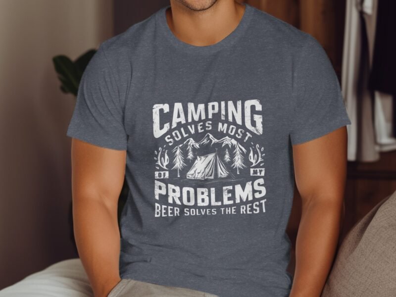 A man wearing a blue t-shirt with white text: "Camping solves most problems, beer solves the rest," with graphic design elements.