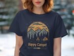A woman wearing a navy t-shirt with a camp-themed graphic, featuring mountains, a campfire, and the text "Happy Camper."