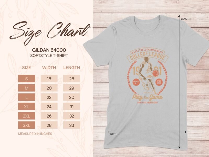 Gildan 64000 softstyle t-shirt size chart with measurements, featuring basketball-themed design on a light background.