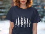 A person with wavy hair wearing a navy t-shirt featuring white pine tree silhouettes against a blurred outdoor background.