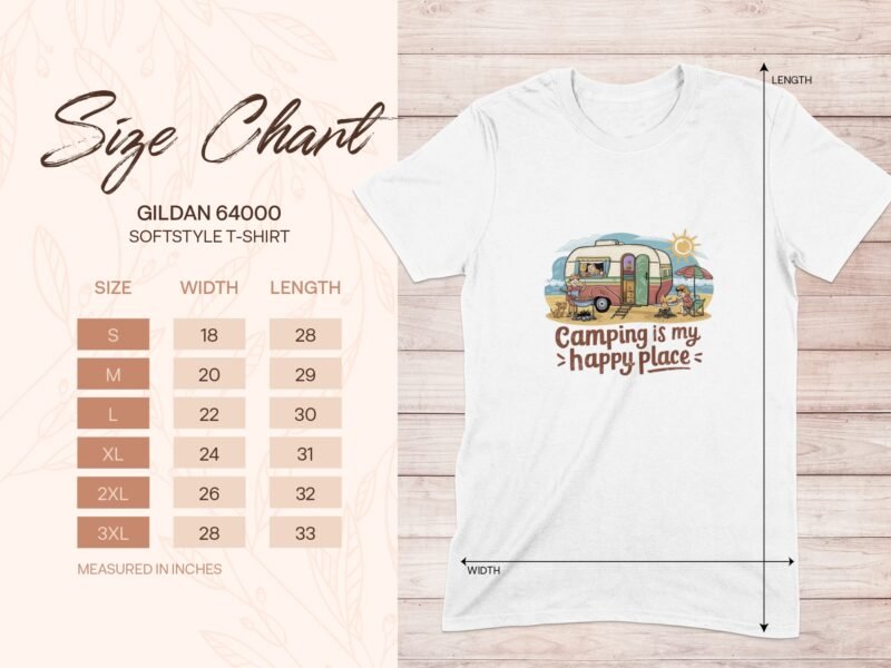 Size chart for Gildan 64000 softstyle T-shirt featuring "Camping is my happy place" design with camper illustration.