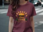 Maroon t-shirt with "BURGER STORAGE FACILITY" text and a graphic of a burger, worn by a person on a city street.