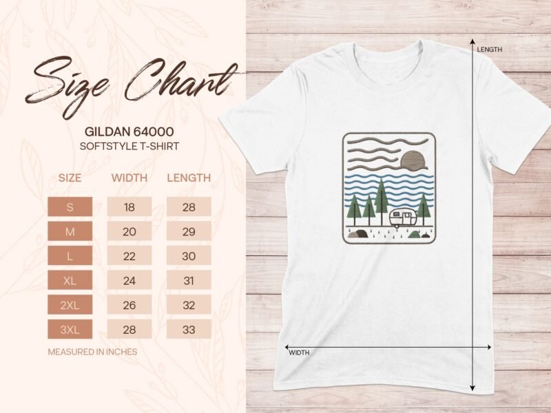 Size chart for Gildan 64000 softstyle t-shirt with dimensions listed and a nature-themed graphic on the shirt.