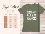 Size chart for Gildan 64000 Softstyle T-shirt with measurements for S to 3XL and a humorous quote about caravans.