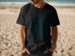Man in a black t-shirt with blue graphic design stands on a sandy beach with ocean waves in the background.