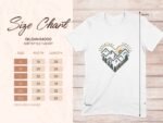 Size chart for Gildan 64000 softstyle T-shirt with measurements in inches, featuring a heart design with mountains and sun.