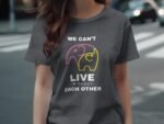 Gray t-shirt with elephants and the text "We can’t live without each other," highlighting friendship and connection.
